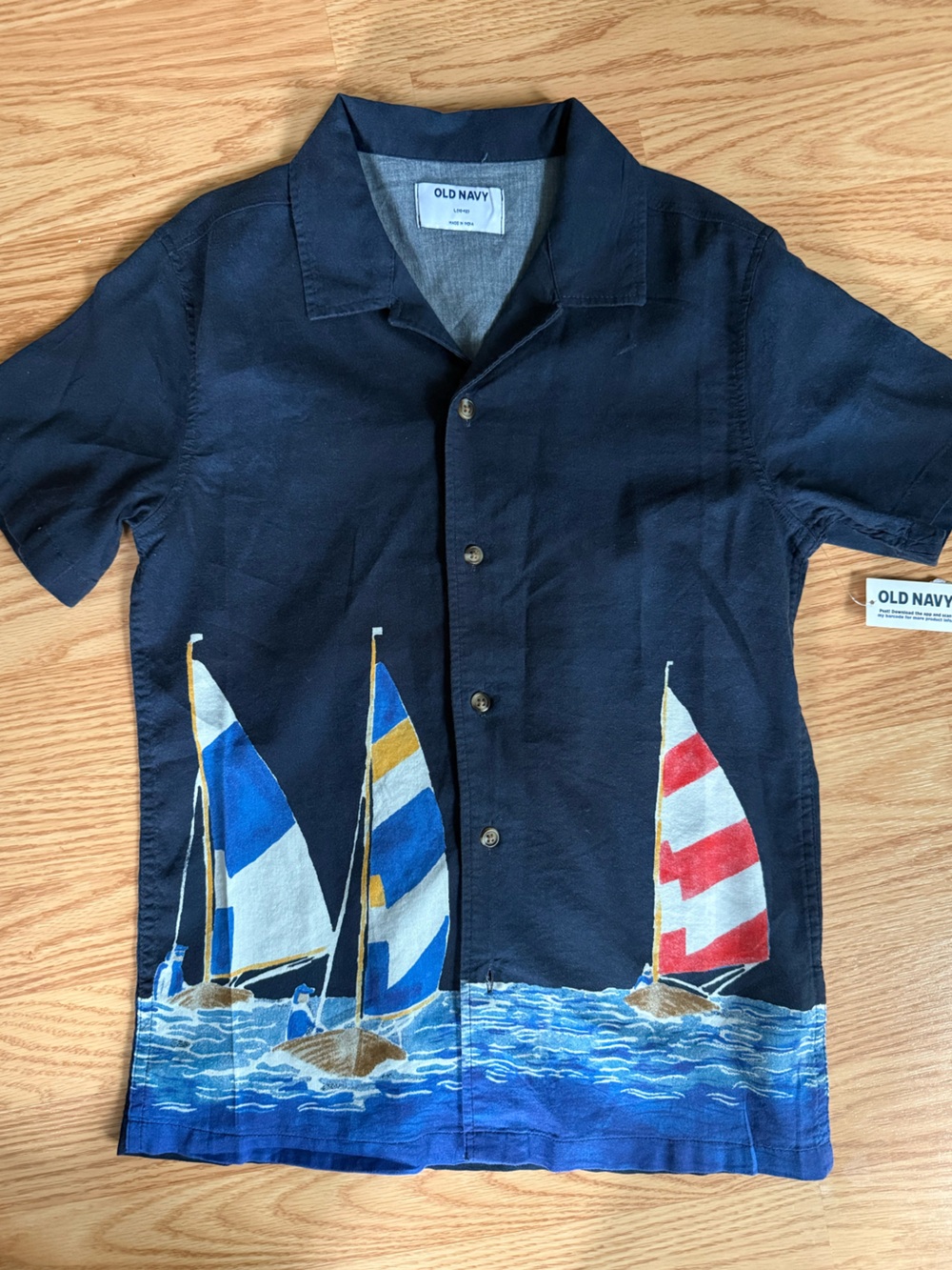 Old Navy Navy Button-Down Kids Shirt with Multicolor Sailboat Print